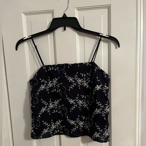 Navy Blue cropped embroidered cotton tank top adjustable straps, size medium